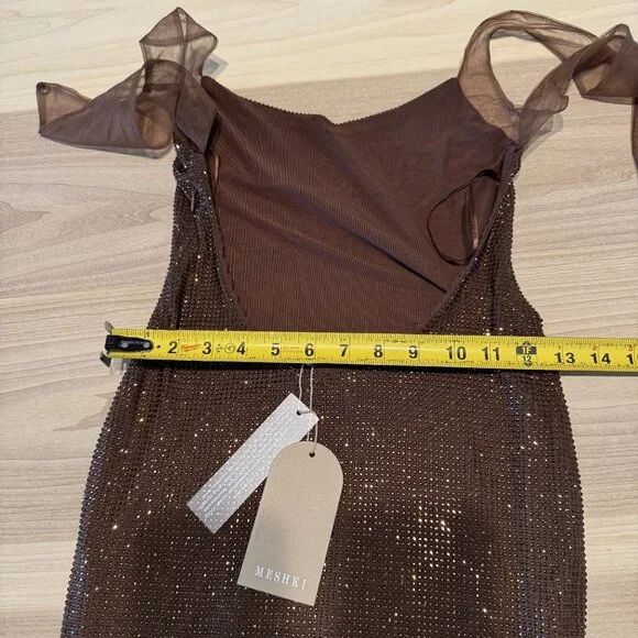 NWT Meshki Jasmyn Hot Fix Mesh Back Chocolate Brown Maxi Dress Women's  Small S